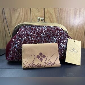 Patricia Nash Gisele Frame Bag Burgundy Velvet Payettes Sequin Clutch NWT